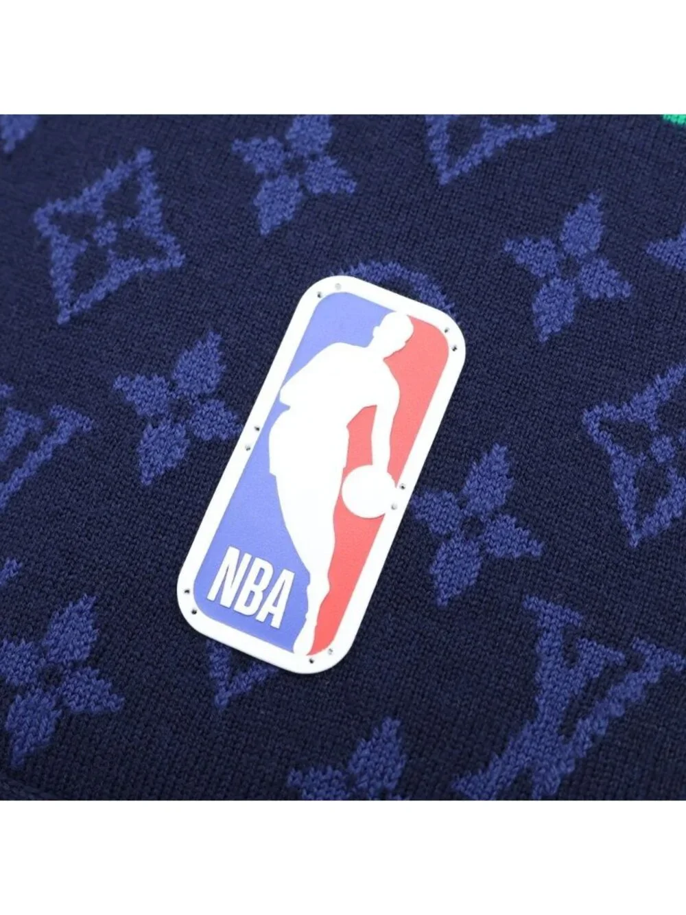 Louis Vuitton NBA Echarpe Monogram Logo Leather Patch Wool Fringe Scarf Navy